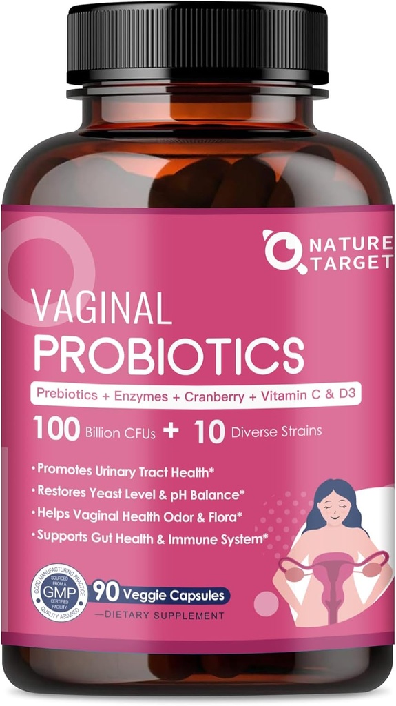 NATURA TARGET Vaginal Womens Probiotics, 100 miliardi di CFU Probiotici e Prebiotici con enzimi digestivi, mirtillo & D-Mannose - Supporta pH Balance, Odor & Urinary Tract Health - 90 capsule