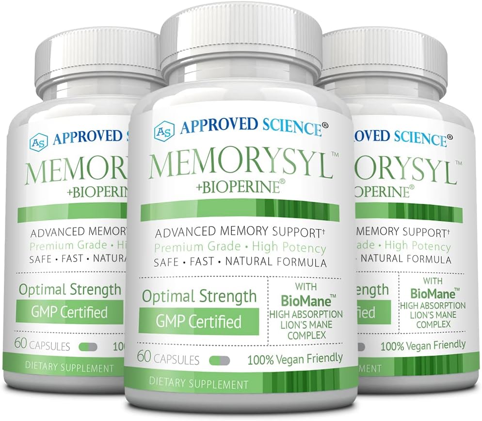 Genehmigte Science MemorySyl - Memory Boosting Supplement - Verbesserung des Fokus und der Konzentration - Schutz vor kognitiver Decline - mit Lion's Mane und BioPerine - 3 Monate Versorgung - Vegan