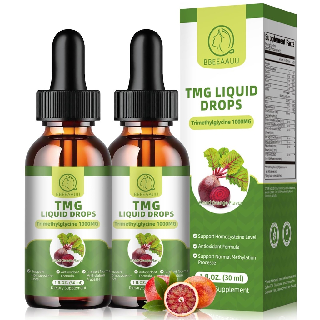 TMG Supplements 1000MG - Trimethylglycine Liquid Drops, Betaine High Absorption, Supports Methylation, Liver Wellness & Cognitive, Non-GMO, Vegan, Blood Orange Flavor, 1 Fl.Oz (2 Pack)