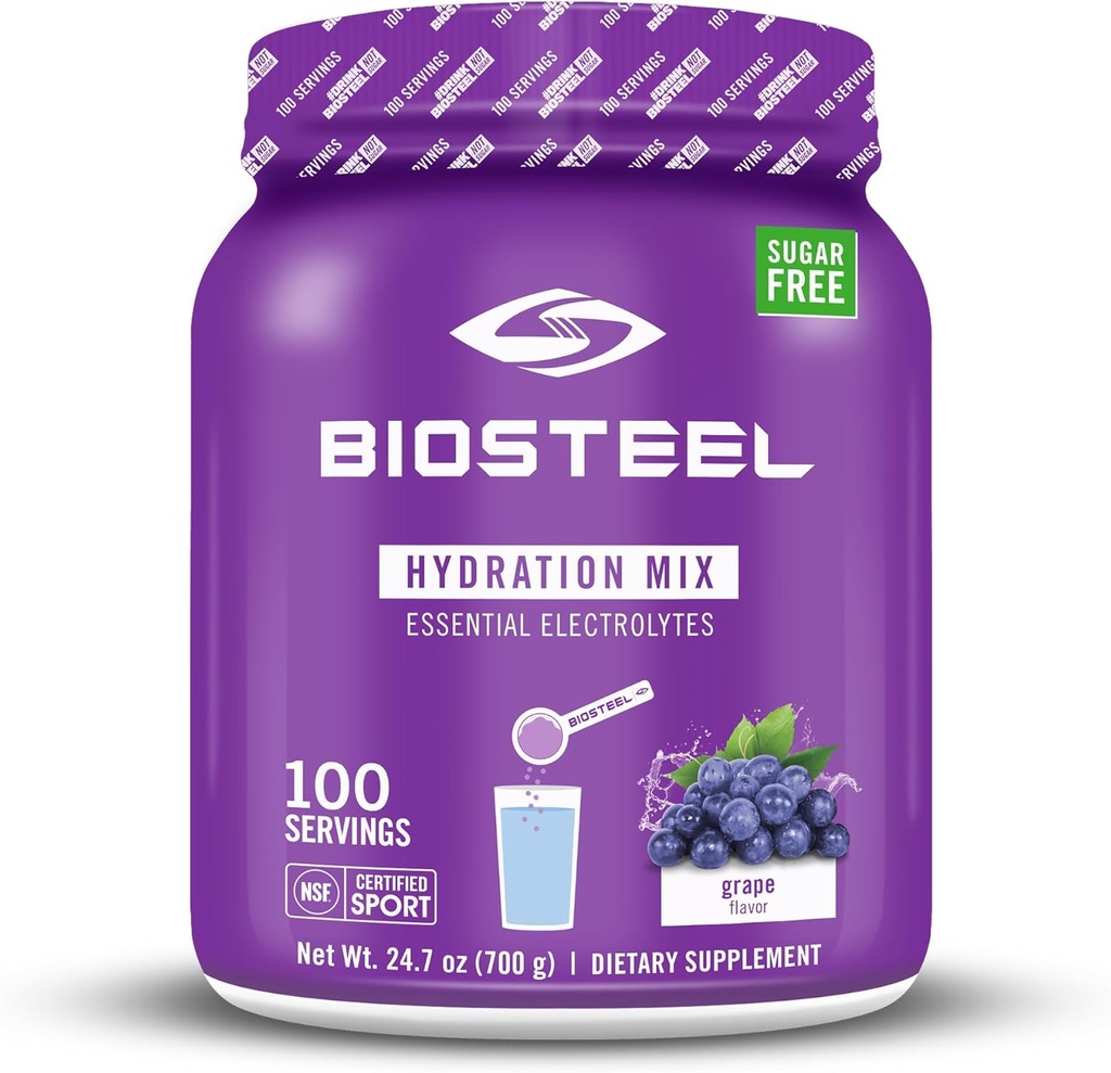 BioSteel Zero Sugar Hydration Mix, Great Tasting Hydration with 5 Eteriniai elektrolitai, Vynuogių skonis, 100 Patarnavimas per Tub