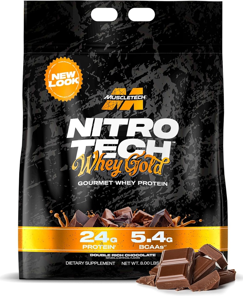 Muscletech Whey Protein Powder (Double Rich Chocolate, 8LB) - Nitro-Tech Whey Protein Isolate Smoothie Mix for Lean Muscle & Recovery - 24g Whey Gold Protein for Women and Men - Packaging May Vary