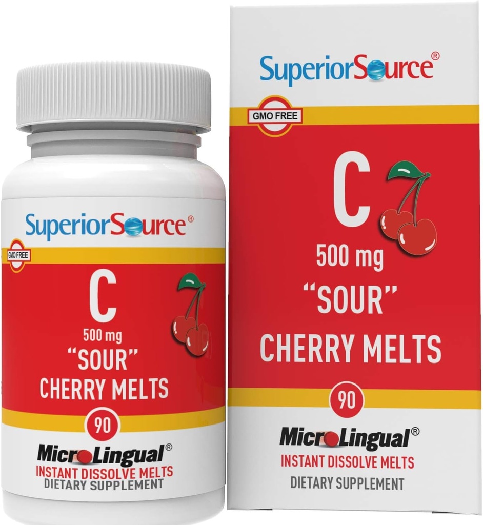 Source supérieure Vitamine C 500 mg "Sour" Meltes de cerise - Supplément quotidien de vitamine soutient la santé immunitaire - La formule de vitamine C aide la santé cellulaire - 90 comprimés de dissolution sublinguale