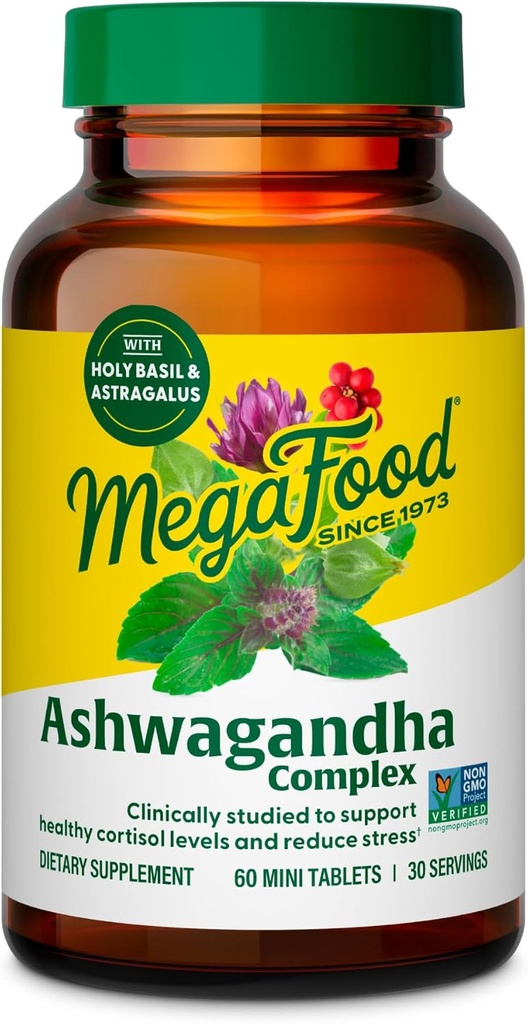 MegaFood Ashwagandha Complex (Nekdanje Stress Protect) - Ashwagandha dodatki Astragalus Root & Holy Basil - Vegetarian, Gluten Free, Cortisol dodatek - 60 Mini tablete, 30 Servings
