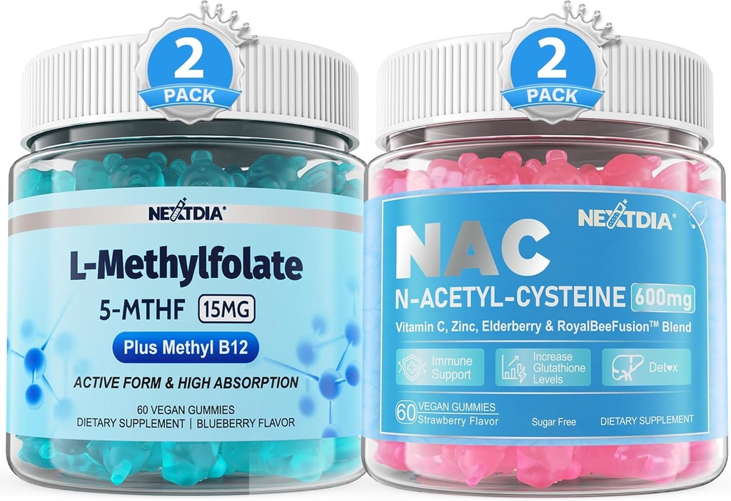 L-MéthylFolate 15mg et méthyl B12 Gommies + NAC Gommies, 600mg N-acétyl Cystéine Supplément