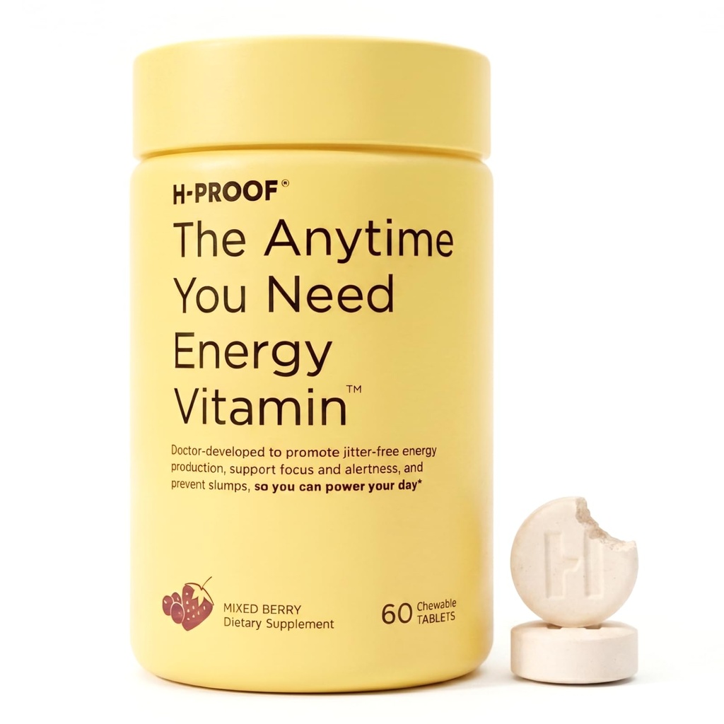 H-PROOF The Anytime You Need Energy Vitamin for Sustained Energy, Focus & Alertness with Jitter-Free Caffeine, 60 Chewable Energy Supplements (30 Servings), Mixed Berry