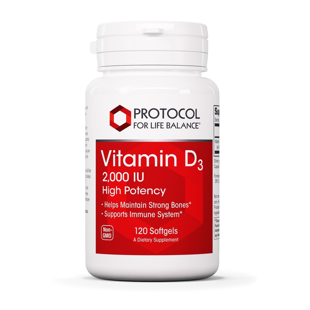 PROTOCOL FOR LIFE BALANCE Vitamin D3 2,000 IU - Immune Support, Healthy Bones and Teeth - 120 Softgels