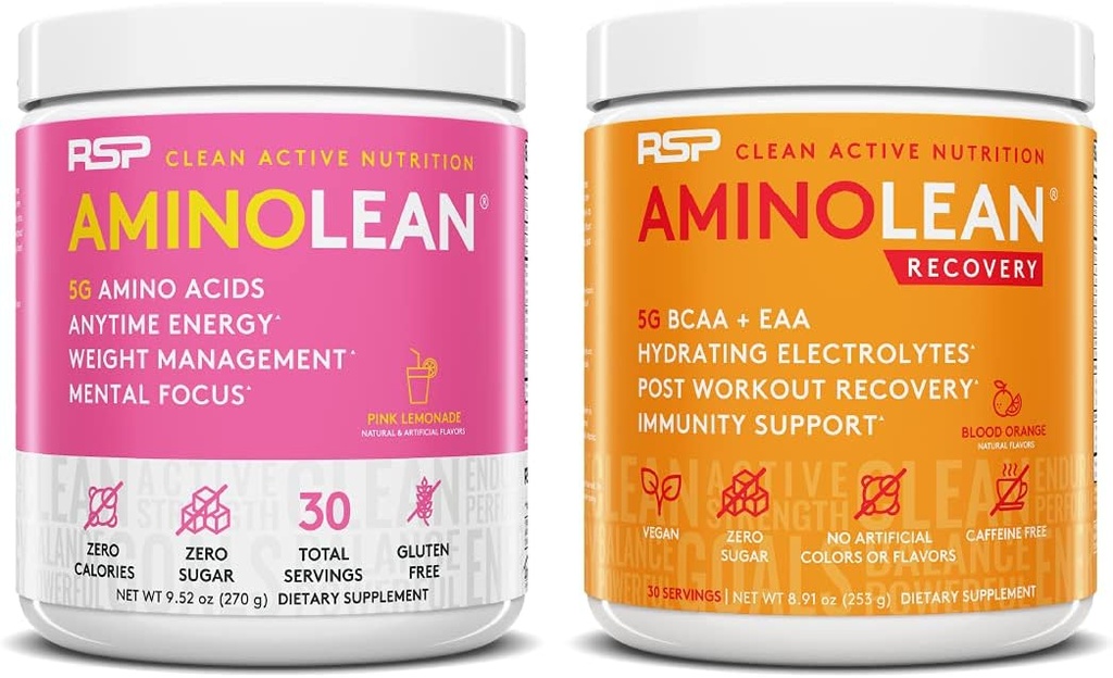 RSP NUTRITION AminoLean Pre Treout Energy (Pink Lemonade 30 Servings) kanssa AminoLean Recovery Post Treout Boost (Blood Orange 30 Servings)