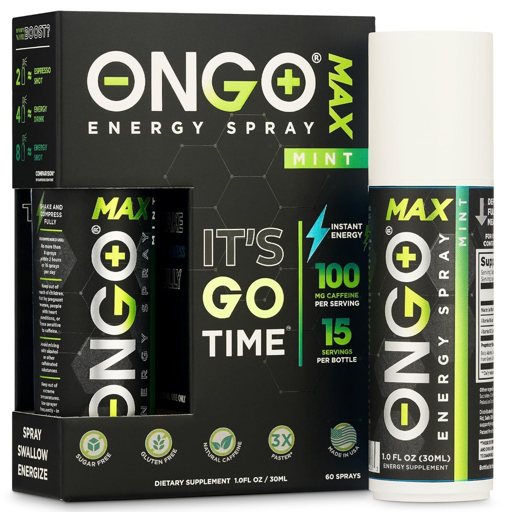 OnGo Energy - 천연 카페인 (1500mg) 즉시 에너지 구강 스프레이 | Vegan, Sugar and Gluten free | B3, B6, B12 비타민 스프레이 | 초점 및 메모리 | 연구, 일 및 기타 | 민트 맛 | 15 인분