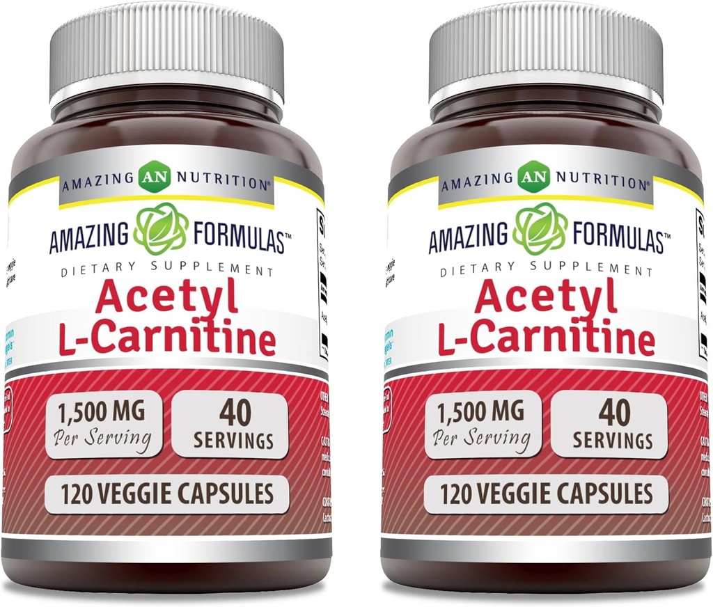 Amazing Formulas Acetyl L-Carnitine 1500 Mg Per Serving Veggie Capsules supplement - Non-GMO - Gluten Free | Made in USA ) Suitable for Vegetarians (120 count) ) Pack of 2