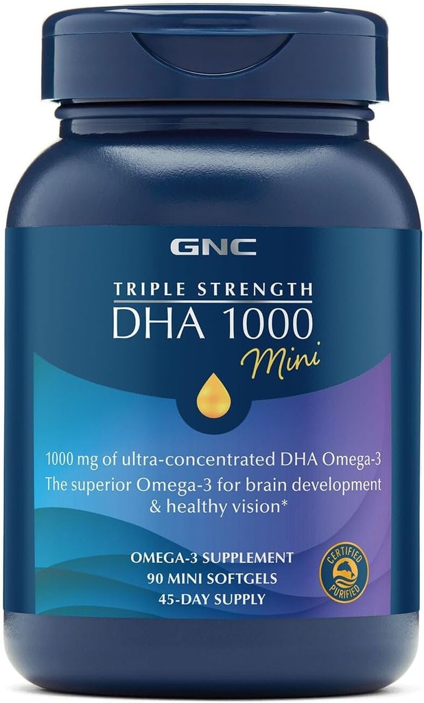 GNC Triple Strength DHA 1000 Mini Omega 3 kiegészítés, 1000mg, Ultra koncentrált, nagy potencia, Támogatja az agy fejlesztése és egészséges látás, Burless, 90 Mini Softgels, 45 SVG, 45 napos ellátás