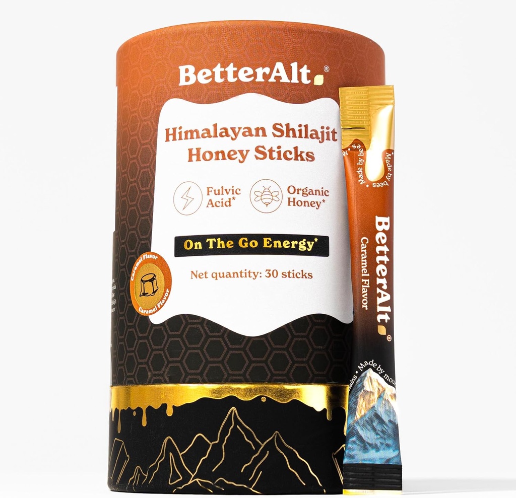 Better Alt Pure Himalayan Shilajit Caramel Honey Sticks with Organic Honey| Easy to Consume Shilajit| 30 Sticks for Energy Boost & Immune Support, 85+ Trace Minerals, 75%+ Fulvic Acid