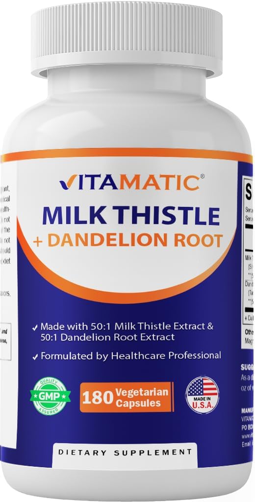 חלב Vitamatic Thistle 50:1 לחלץ 500 מ"ג, Dandelion Root 50:1 לחלץ 100 מ"ג, 180 קפסולות צמחוניות, non-GMO, Gluten Freeten