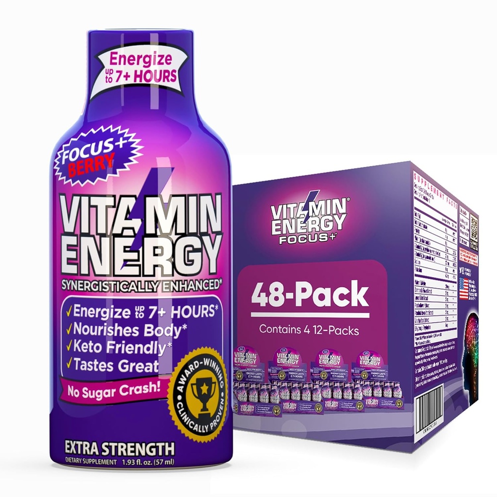 Vitamina Energia Focus+ Energia de força extra Shot Berry 48 Pack, 260mg Cafeína Natural, B-Vitaminas, CoQ10, Aminoácidos, Foco, Produtividade e clareza, Açúcar Zero, Sem glúten, 1,93 fl oz