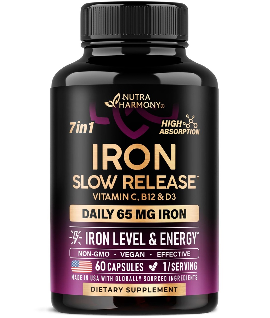 Iron Supplement for Women - Iron 65mg (Ferrous Sulfate 325mg) - Stomach Friendly | Slow Release Iron | High Absorption - Vitamins C, D3, B6, B12 & Folate - Iron Level & Energy Support - 60 Capsules