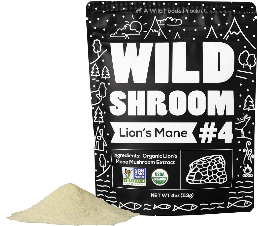 Wild Foods Lions Mane Powder Mushrooms Extract 10:1 | Organic Mushroom Powder | Adaptogenic Nootropic Herb for Brain Health, Memory and Focus (4 Ounce (Pack of 2))