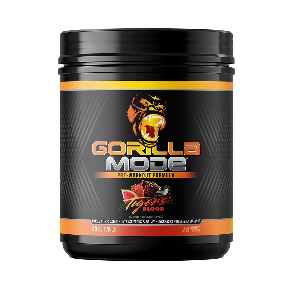 Gorilla Mode Pre Workout - Massive Pumps Laser Focus Energy Power - L-Citrulline, Creatine, L-Tyrosine, Betaine, Hydroprime, Alpha-GPC, 400mg Caffeine, Huperzine A - 800g (Tigers Blood)