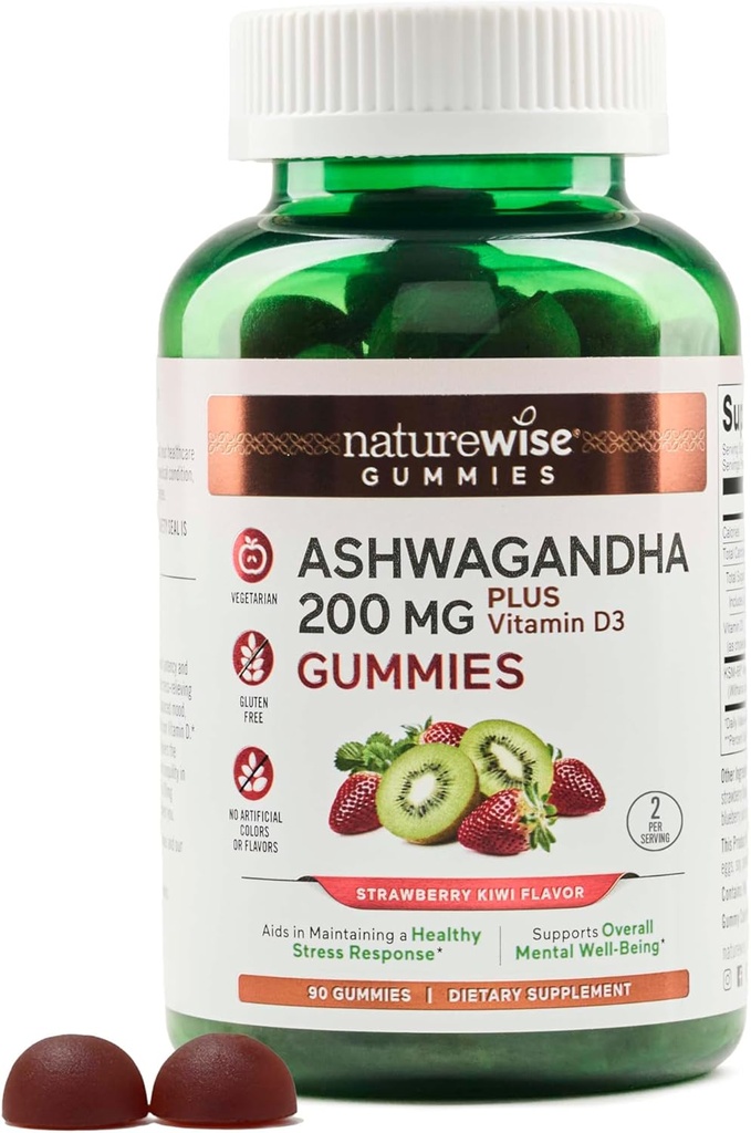 NatureWise Ashwagandha Gummies - Mansikkakiivut - KSM-66 D3-vitamiinilla - Calming Mood Support - Kasvissyöjä - Ei-GMO, Liivate ja Gluteeniton - 90 Count[45-päivä tarjonta]