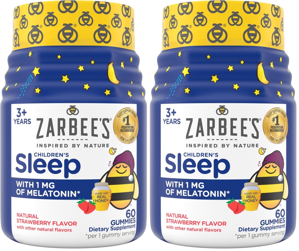 Zarbee's Kids Melatonin Gummies with 1mg Melatonin, Kids Sleep Gummy, Promotes Peaceful Sleep, Drug-Free, Non-Habit-Forming, Natural Strawberry, 60 ct (Pack of 2)