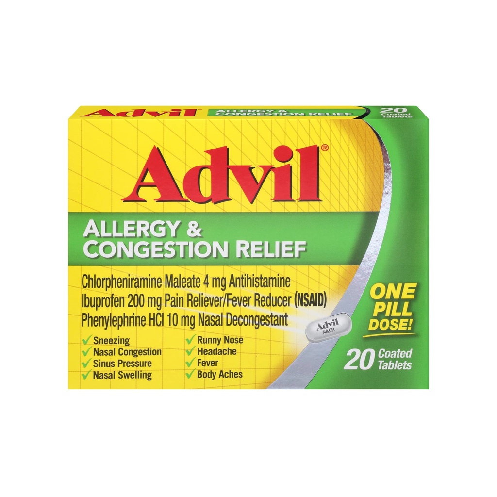 Advil Allergy and Congestion Relief Tablets, Pain Reliever, Fever Reducer and Allergy Relief with Ibuprofen, Phenylephrine HCl and Chlorpheniramine Maleate 4 mg - 20 Coated Tablets