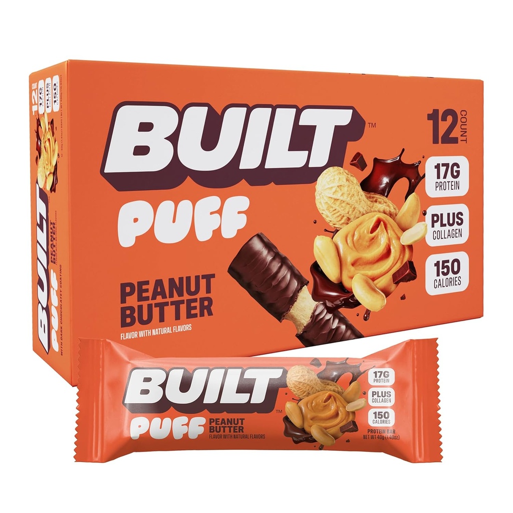 Bar costruito, Barre di proteine di Puff, Peanut Butter Puff, 17g Snack proteici, Barre On-The-Go, Solo 150 Calorie, 6g zucchero, collagene, senza glutine, 12 conte