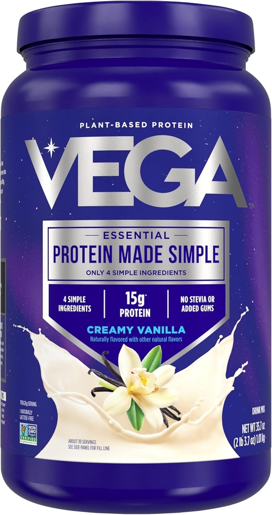 Vega Protein Made Simple Protein Powder, Vanilla - Stevia Free, Vegan, Plant Based, Sund, Gluten Free, Pea Protein for kvinder og mænd, 2.2 lbs (Packaging May Vary)