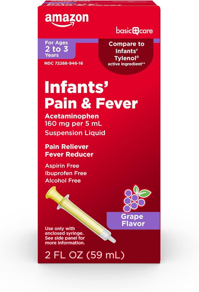 Basic Care Infants' Pain and Fever Oral Suspension, Acetaminophen 160 mg pro 5 mL, Schnelle, effektive Schmerzlinderung und Fever Reducer für Kinder, Grape Flavor, 2 fl oz (Pack mit 1)