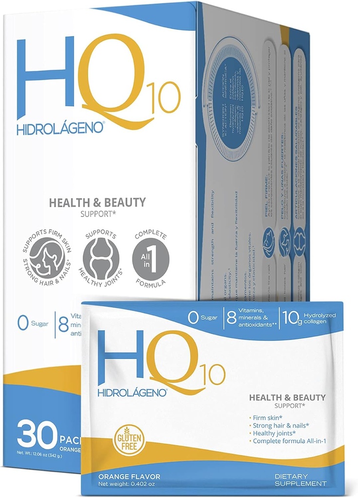 Hidrolageno Q10, Colágeno Hidrolisado, Vitaminas, ZINC, Antioxidantes, 30 saquetas por embalagem, 4, 2 Onça, Embalagem de 1
