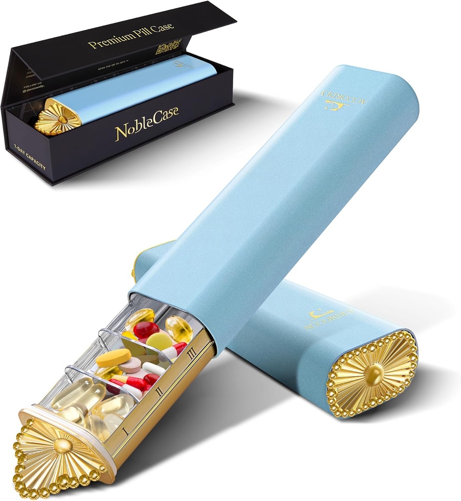 Organizador de pílulas Semanal Premium, caixa compacta de pílula de 7 dias para bolsa, caixa de pílulas de alumínio de ouro leve para vitaminas, medicina, suplementos, presente de bem-estar de luxo