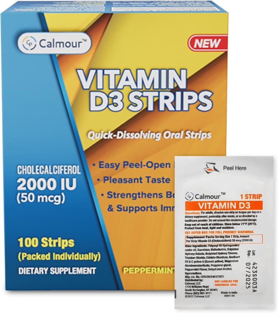 Vitamina D3 Tiras 100 Pack, 2000 UI Oral Dissolvável D3 Tiras Vitamina , Peppermint Flavor Derrete em sua língua em 30 segundos , aumentar a imunidade e melhorar o foco mental com vitamina D3 2000
