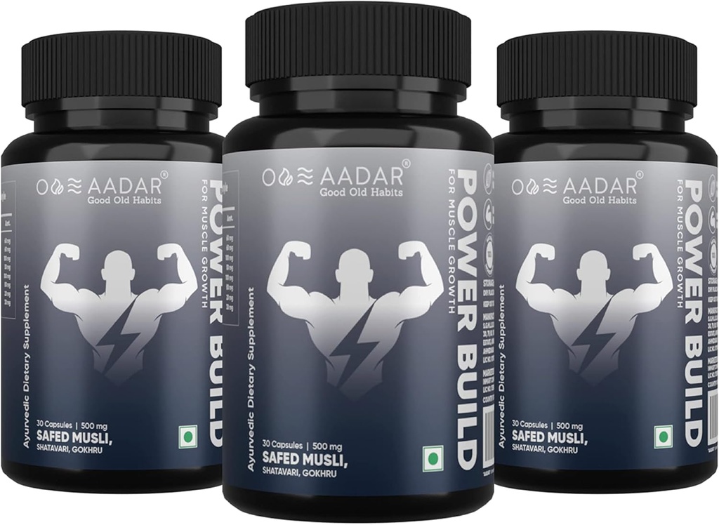 AADAR Power Build | Ayurvedic Real Muscle Maß Gainer | Verbessert Performance & Boost Metabolism | (Safed Musli, Gokhru, Shatavari) 30 Kapseln (Pack 3)