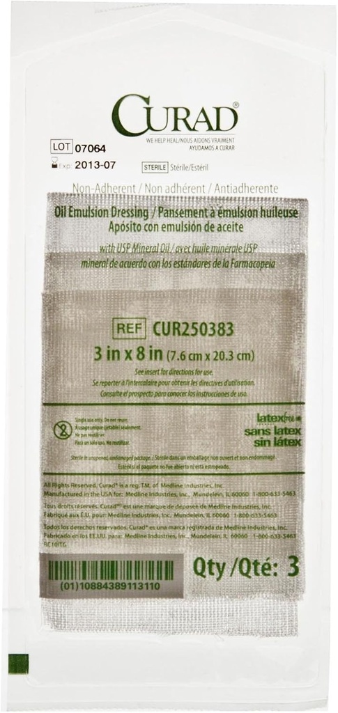 ↑ "Curad Sterile Non Adherent Oil Emulsion Gauze Dressing, 3" x 8", Perfect for Wound Care, Pack de 648".