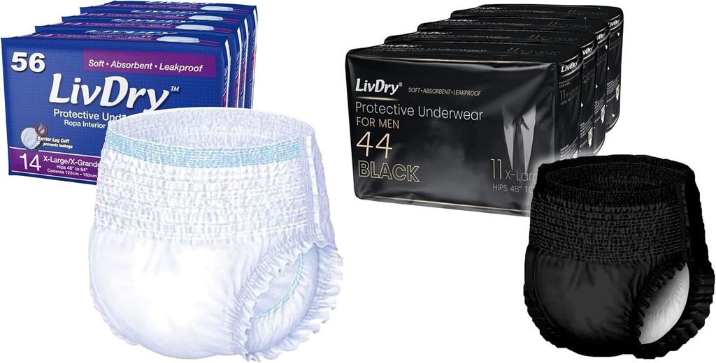 Incontinenza per adulti LivDry, Assorbenza Extra con Serie Nero per Uomo Bundle - Extra Large, Case
