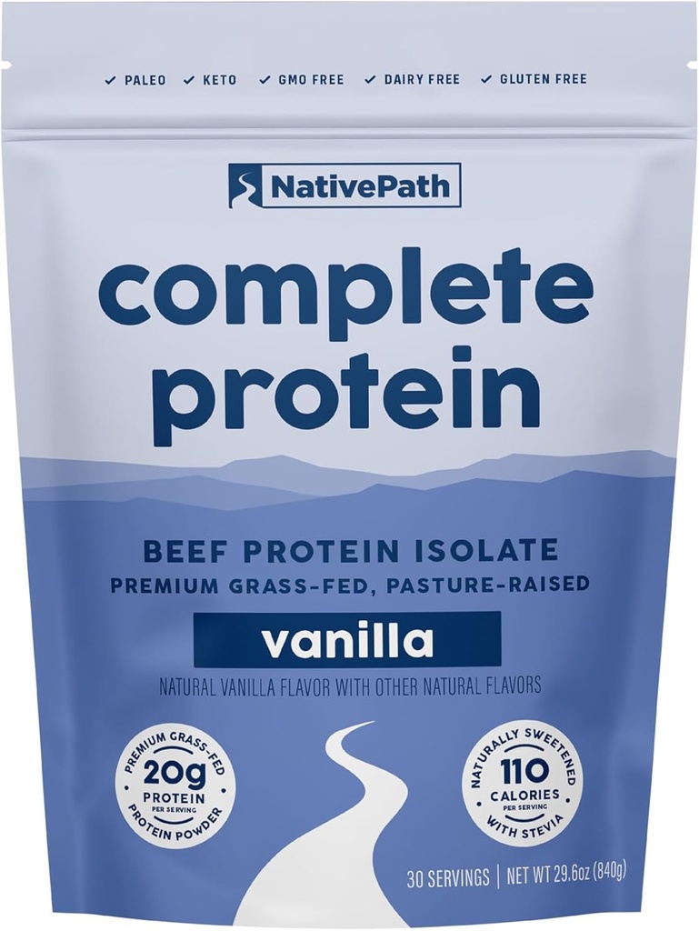 NativePath Complete Beef Protein Powder Isolate  говежда трева-Fed, пастьоризирана, млечно и лактоза безплатно, глутен безплатно, Zero Sugar, MCTs & Aminum Acids    по 20g Протеин, ванилов аромат, 30 Сервиз