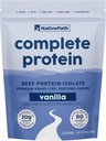 NativePath Complete Beef Protein Powder Isolāts – ar zāli barotu, ar ganību, bez piena un laktozes, bez lipekļa, bez nulles cukura, MCTs un aminoskābēm – 20g Protein, Vanilla Flavor, 30 Servē