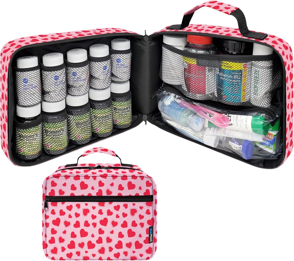 Böyük Padded Pill Bottle Organizer, Tibb Çanta, Case, İlaçlar üçün Carrier, Vitaminlər və Tibbi Məhsullar - Travel Medicine Organizer və Ev Storage Med Bag - Hearts (Without Lock)