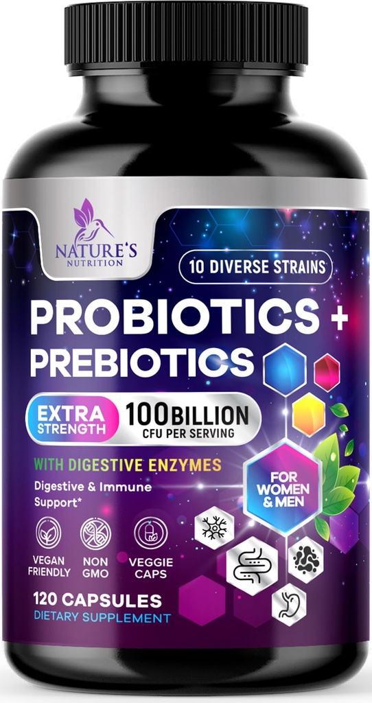 Probiotics 100 Billion CFU Per Serving - 10 Premium Strains + Prebiotics - Best Probiotic Supplement for Women & Men - Supports Immune, Digestive Health, Occasional Constipation & Gas - 120 Capsules
