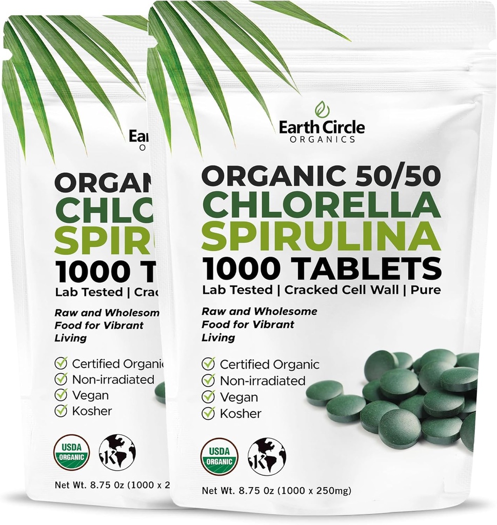 Premium Organic CHLORELLA /SPIRULINA 1000 Comprimidos (50/50) Kosher, Vegan - Green Algae Superfood, Cracked Cell Wall, Chlorophyll, High in Protein & Iron, sem aditivos, ou enchimentos 8.75 Oz (2 Pack)