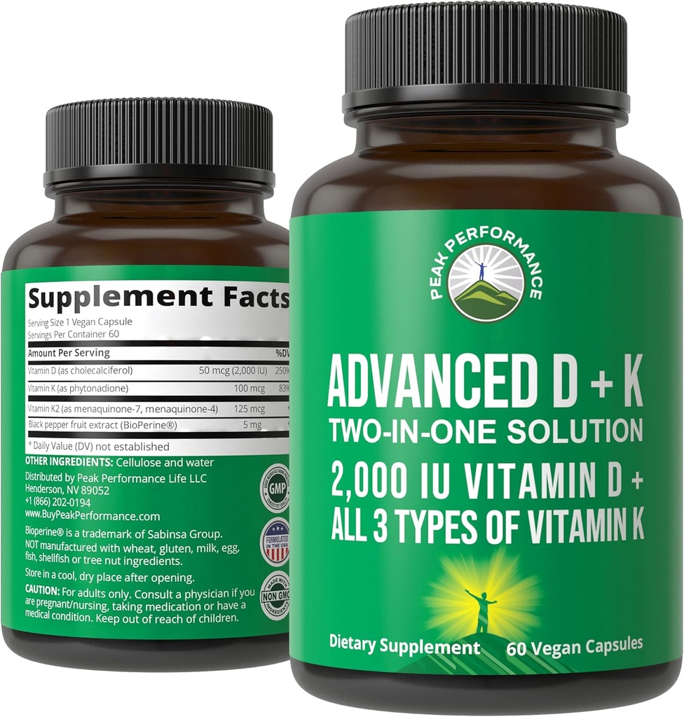 Peak Performance Advanced Vitamin D 2000 IU mit allen 3 Arten von Vitamin K Vitamin D3 und Vitamin K2, K1, MK-7 (MK7), MK4 Ergänzungen. 60 kleine und leicht zu schluckende Gemüse-Tabletten (2000 IU)