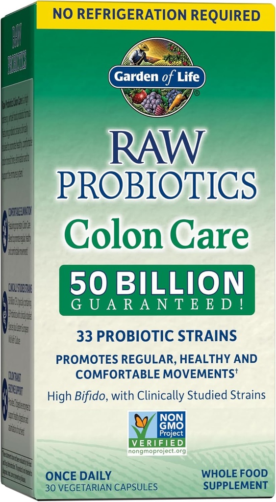 Garden of Life Probiotics for Women and Men - Raw Probiotics Colon Care 50 Billion CFU and Enzymes, Shelf Stable once Daily Acidophilus Probiotic for regularity and Immune Health Support, 30 Capsules
