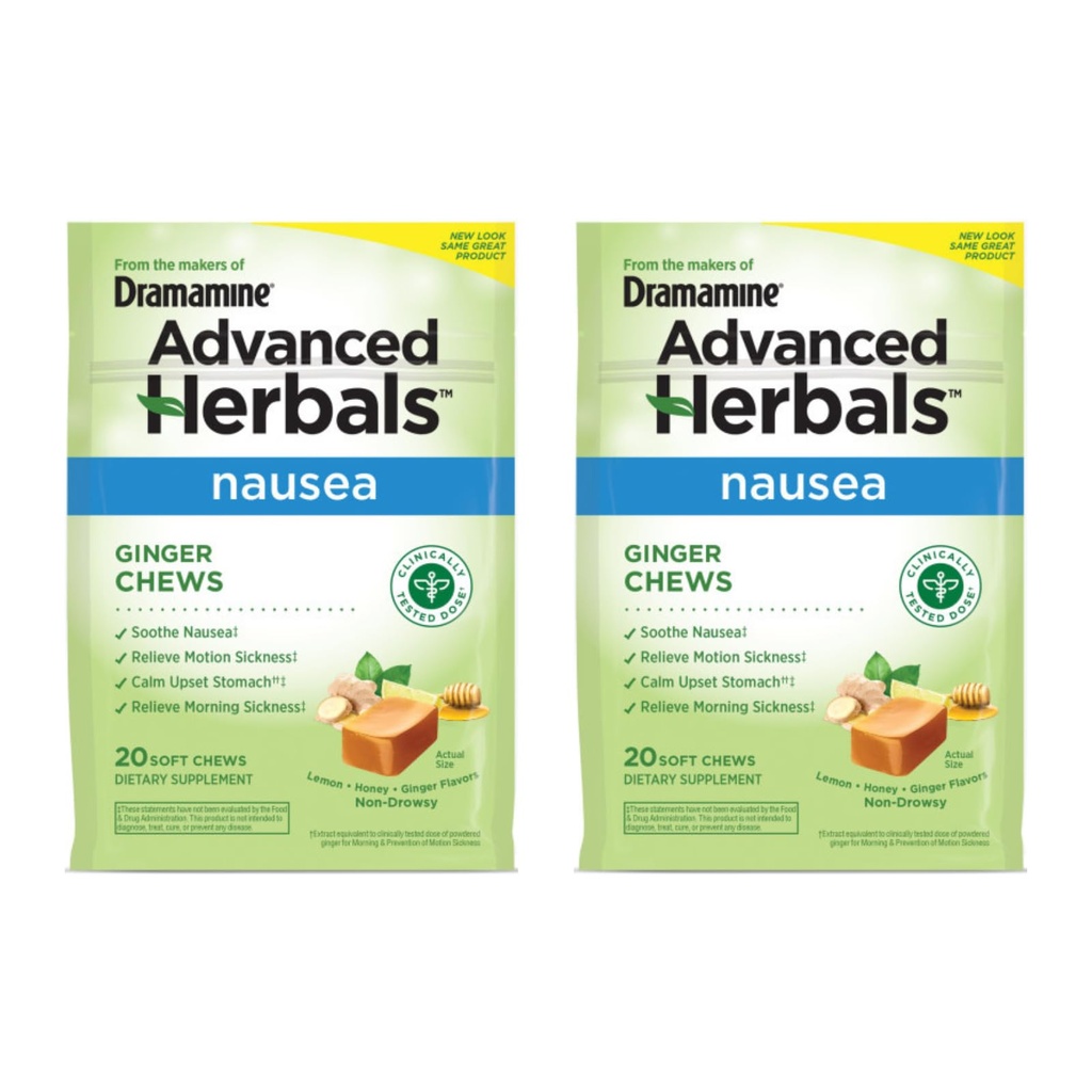 Dramamine Advanced Herbals Nausea Ginger Chews, Non Drowsy Motion Sickness Relief, Lemon Honey Ginger Flavor, Soothes Upset Stomach, 20 Soft Chews (Pack of 2)