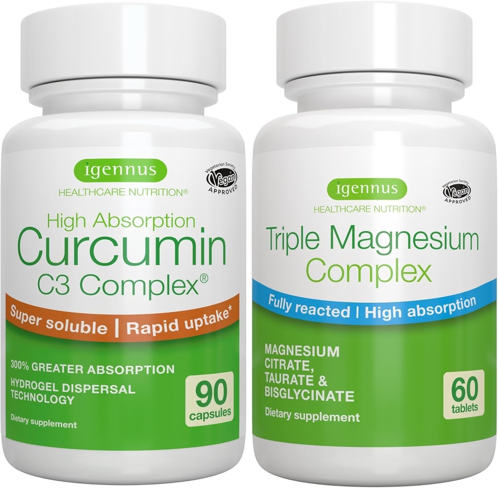 Triple Magnesium Complex + High Absorption Curcumin C3 Complex, Vegan Bundle, High Absorption Chelated Glycinate, Taurate & Citrate Magnesium + 300% Greater Absorption Curcuminoids with Rapid Uptake,