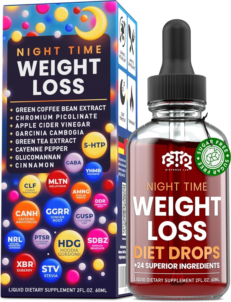 Night Time Weight Loss Diet Drops - Apetite Control, Fat Burner, Metabolution Booster - Jabłko Cydr - Cynamon - Cayenne Pepper