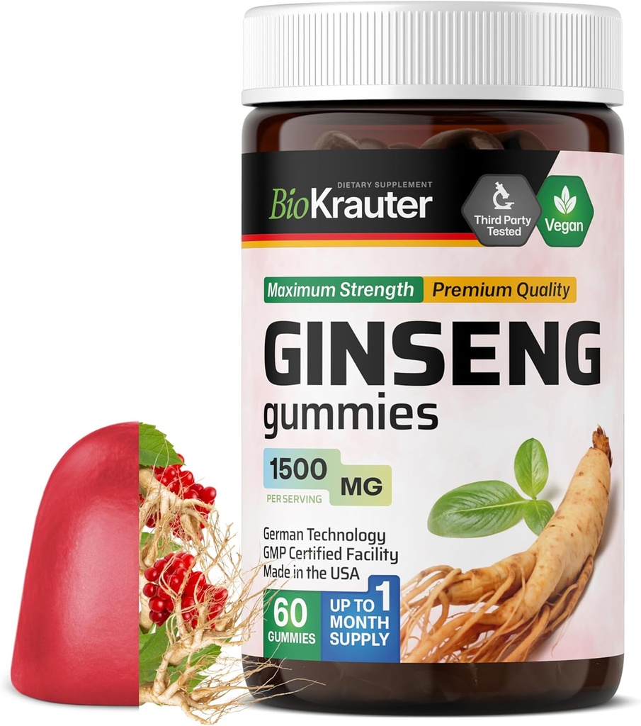BIO KRAUTER Panax Ginseng Gummies - 1500 mg Indarra - 60 Count - Chewable Red Ginseng osagarria - Immune Support Gummies - Vegan, Pectin-Based, Non-GMO