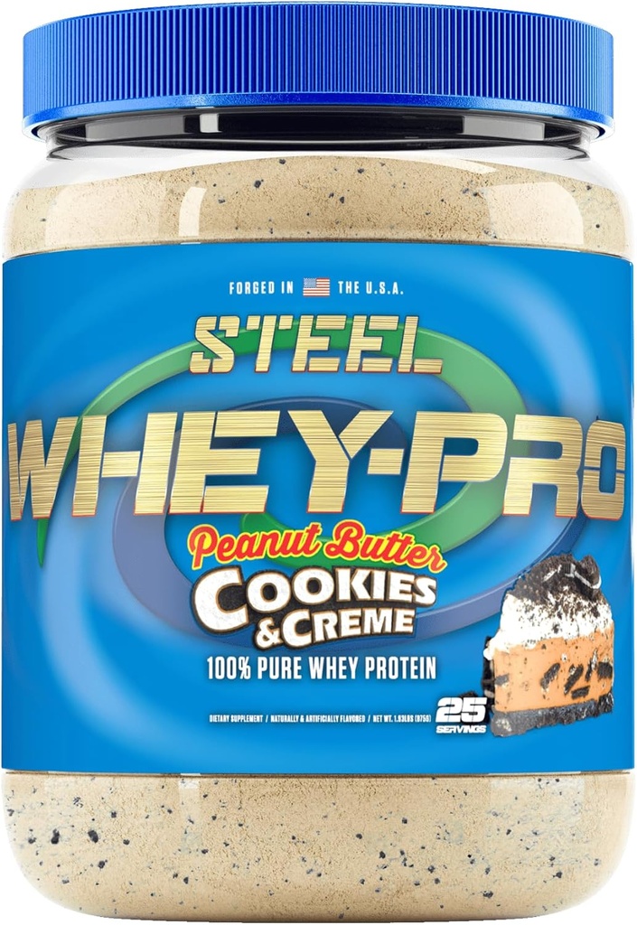 פלדה תוספי Whey-Pro | אבקת חלבון Whey עבור גברים ונשים | Peanut Butter Cookies & Creme | 25 משרתות (1.82lbs) | BCAA Amino Acids | Essential Amino Acids | Gluten Free | Low Carbbbblow