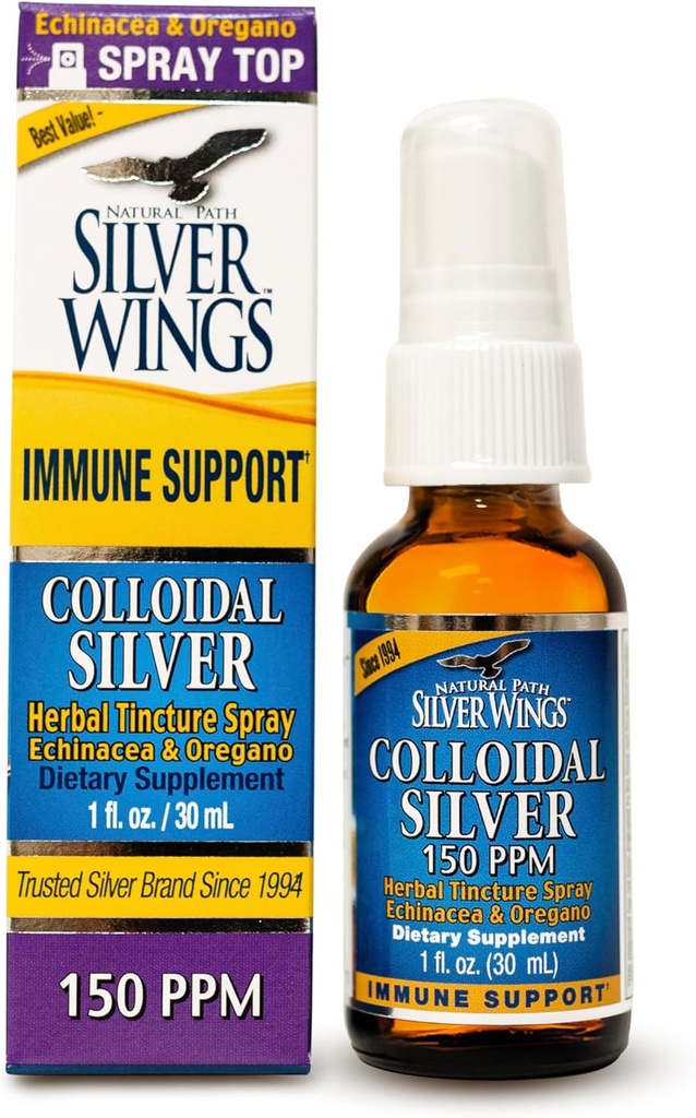 Natural Path Silver Wings Colloidal Silver 150ppm (750mcg) w/Echinacea &amp; Oregano Immune Support Suplemento - 1 fl. oz Spray