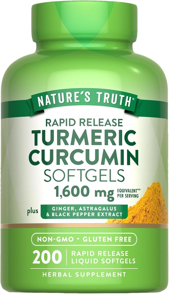Nature 's Truth Termeric Curcumin Complex Addition Bendrijoje 124; su juodųjų pipirų ekstraktu, imbieriniu ir astragalais 124; 200 Greitojo paleidimo minkštikliai Bendrijoje 124; ne GMO ir Gluten nemokamai