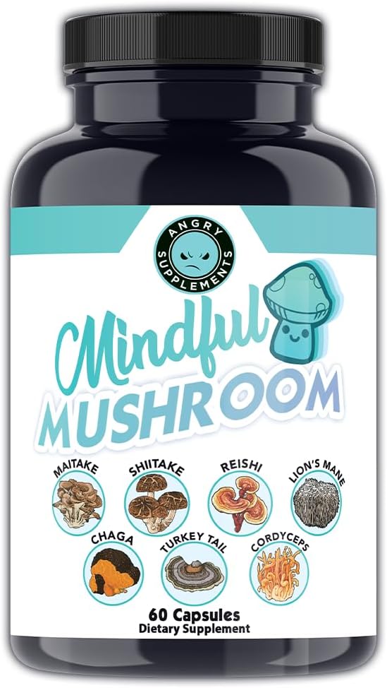 Angry Supplements Mindful Mushrooms Capsules - 7in1 Premium Health Shroom Blend of Maitake, Shiitake, Reishi, Turkey Tail, Cordyceps, Lions Mane and Chaga Mushrooms (60ct)