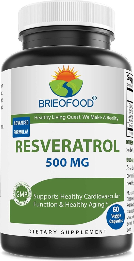 Brieofood Resverratal 500mg - Natural Antioxidant suplementari per a Cardio vascular i Imune System Salut - 60 Vieggie Capules