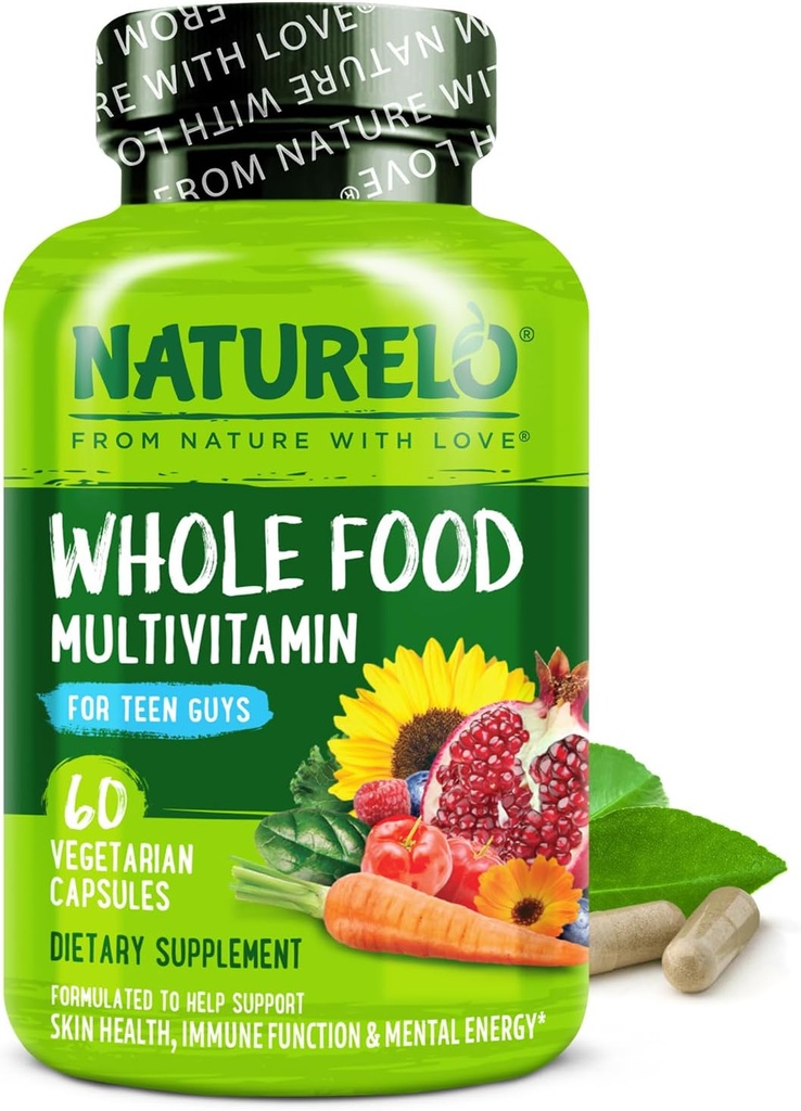 NATURALLO Teen Multivitamiini - Koko ruoka Multivitamiini teini-ikäisille pojille - Mineraalit täydentää aktiivisia lapsia - kasviuutteet - ei-GMO-kasvissyöjä - 60 kapselia