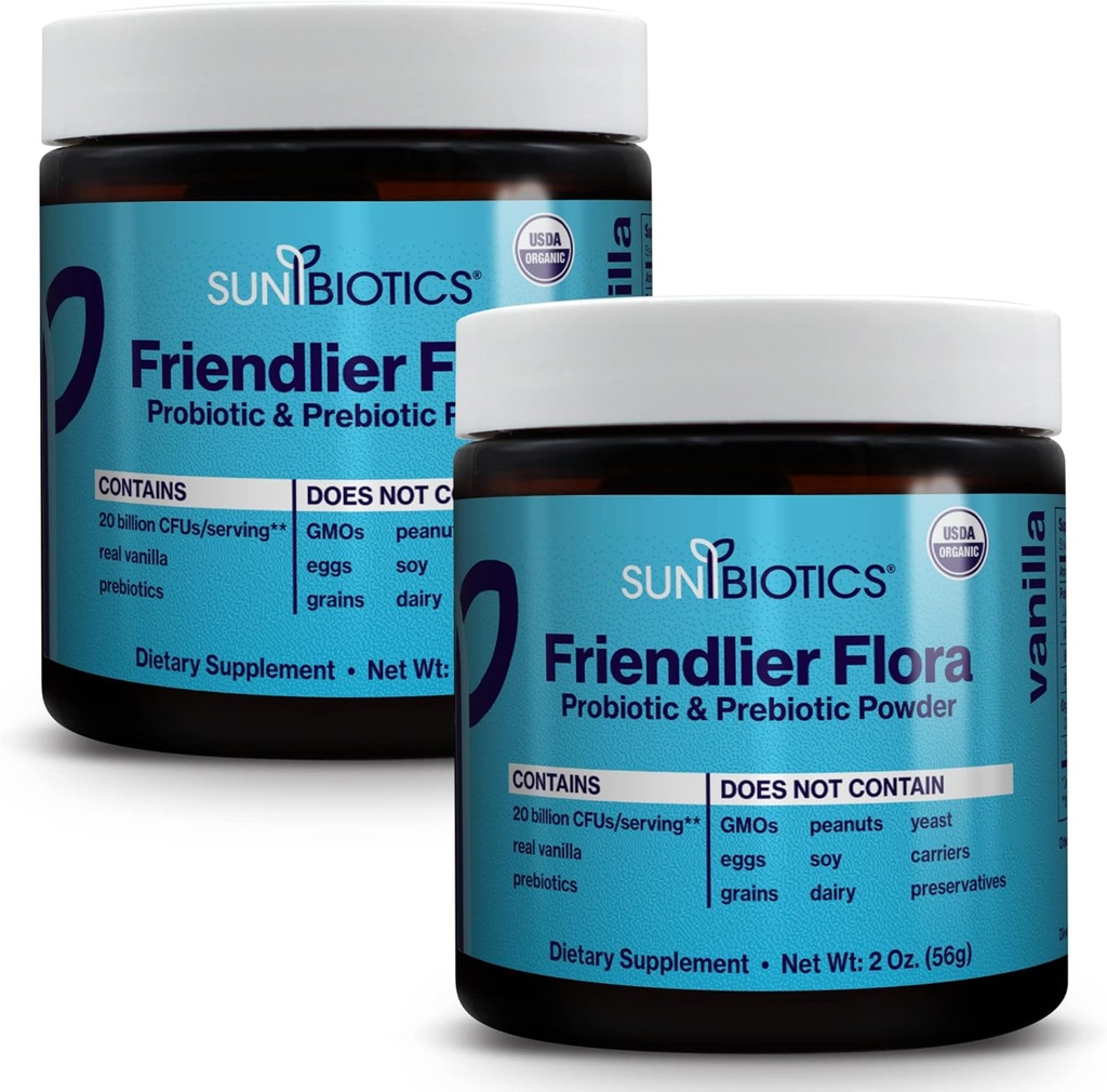 SUNBIOTICS Friendlier Flora - Prebiotic & Probiotic Powder for Women & Men med 20 Millioner CFU 'er på 4 Probiotiske Strops til Good Gut Flora, Immunsystemet & Balanceret Microbiome - Vanilla, (Pack of 2)
